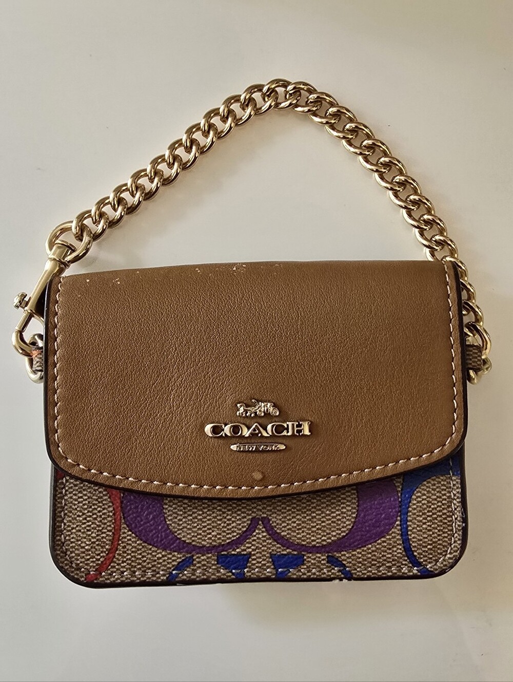 Coach Mini Signature C Rainbow Print Chain Strap Bag Wristlet Brown Multicolor